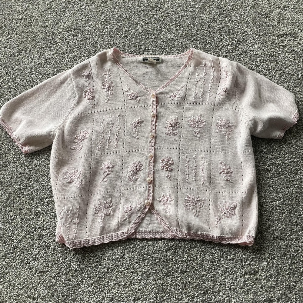 Vintage Work In Progress Cardigan Sweater Womens XL Pink Floral Short Sleeve